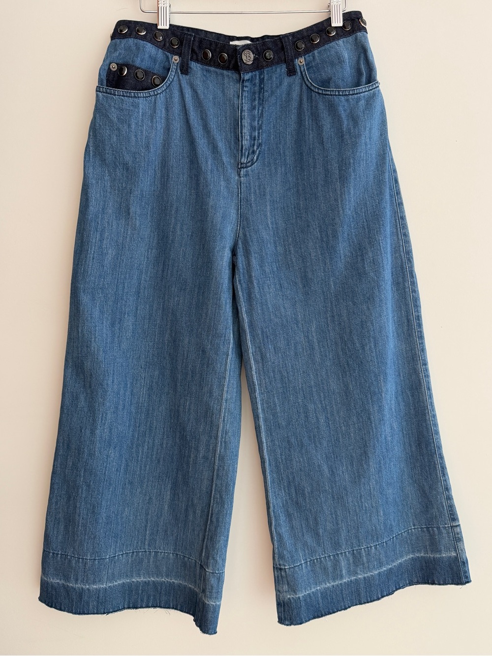 SONIA RYKIEL PARIS High Rise Wide Leg Cropped Denim Jeans Two Tone Studded Chic